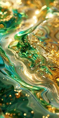 an abstract painting with gold and green colors on the water's surface, as seen from above