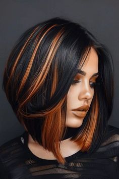 Short Black Hair With Copper Highlights, Dark Hair Orange Highlights, Short Hair Dye Ideas Black Women, Two Tones Hairstyles, Color Block Hair Black, Black Hair Orange Highlights, Black Hair Copper Highlights, Black Bob With Highlights, Black Hair With Copper