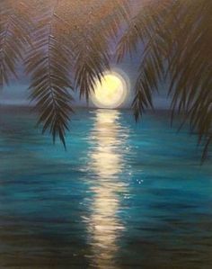 a painting of palm trees with the moon in the sky and water reflecting off it's surface