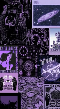 a collage of various posters and stickers in purple, black and white colors