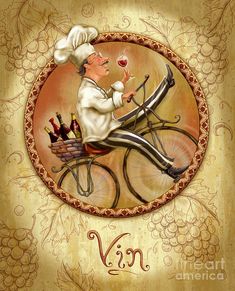 a painting of a chef on a bicycle with wine bottles in it's basket