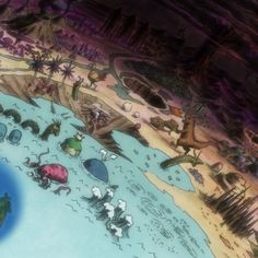 an animated map of the earth with animals and plants on it's surface, in front of a purple background