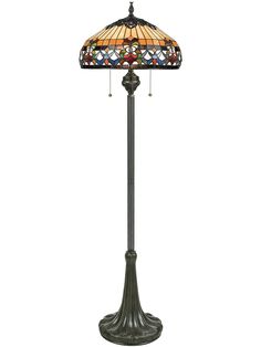 a floor lamp with a stained glass shade on it's top and bottom part