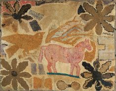 an old rug with a horse and flowers on the front is shown in this image