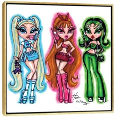 three cartoon girls are standing next to each other, one is dressed in green and the other has pink hair