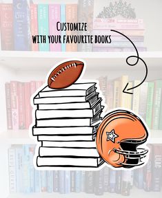 a football sitting on top of a stack of books next to a bookcase filled with books