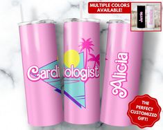 three pink tumblers with the words cardiollogist on them and an image of palm trees