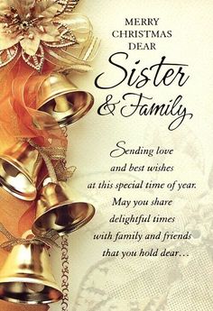 merry christmas dear sister and family greeting card with bells on white background, gold ribbon