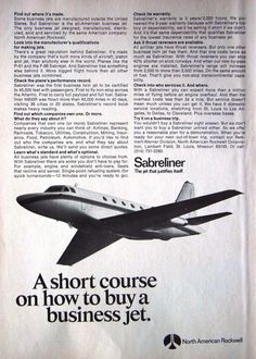 an advertisement for a small jet airliner with the words'a short course on how to buy a business jet '