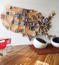 a large book shelf with many books on it in the shape of the united states