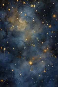 an image of stars in the sky with blue and gold colors on it's surface