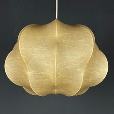 a light that is hanging from the ceiling in front of a dark background with only one lamp attached to it