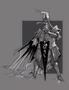 a black and white drawing of a knight