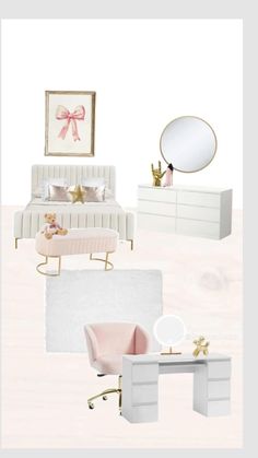 a room with white furniture and pink accents on the walls, including a bed, desk,