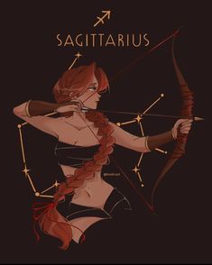 a woman with long red hair holding a bow and arrow in her hand, against a black background that says sagittarius