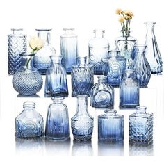 a collection of blue glass vases with flowers in them on a white background,