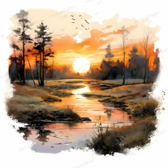 a painting of a sunset over a river