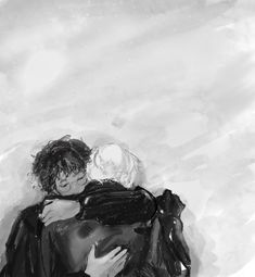 a black and white drawing of two people hugging each other on the snow covered ground