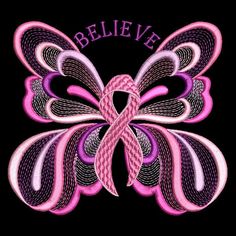 a pink butterfly with the word believe in it's center and an intricate design