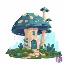 a mushroom house in the middle of some plants and trees with mushrooms on it's roof