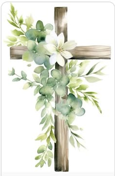 a cross with flowers and leaves on it