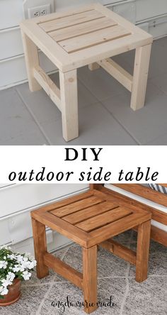 the diy outdoor side table is made out of wood and has two different sides