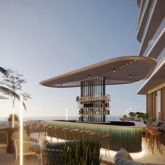 an artist's rendering of a bar on the deck of a hotel overlooking the ocean