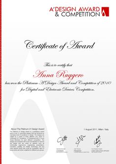 an award certificate is shown in red and white with black writing on the bottom corner