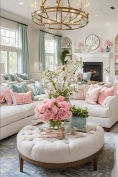 a living room filled with lots of furniture and flowers