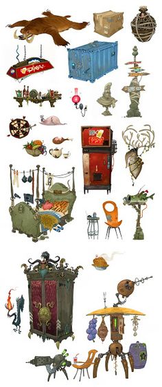 an assortment of furniture and objects are shown in this image