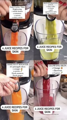 instructions to make juice in a blender for skin and body care products, with pictures showing the steps