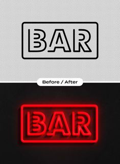 two neon signs that say bar before and after it's been changed to red