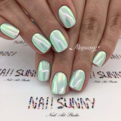 Green Chrome Nails, Ombre Chrome Nails, Mint Green Nails, Green Chrome, Pretty Nail Art Designs, White Nail