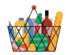 a basket filled with lots of different types of food and drinks on top of a white background