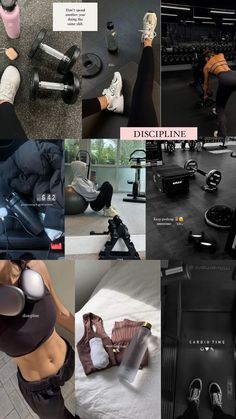 a collage of photos showing different types of exercise equipment, including dumbs and weights