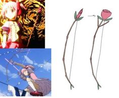 two different pictures with flowers and arrows in the foreground, an anime character holding a bow