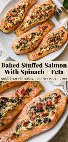 baked stuffed salmon with spinach and feta on a white plate next to a serving spoon