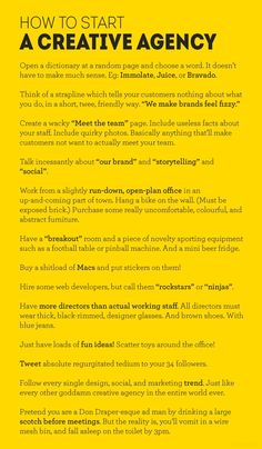 a yellow book cover with the title how to start a creative agency, written in black and