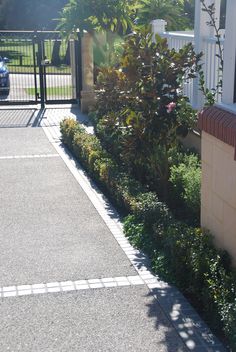 the driveway is lined with plants and shrubs, along with a gated area for cars to pass through