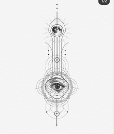 an all seeing eye is shown in the middle of a line art drawing with circles and lines