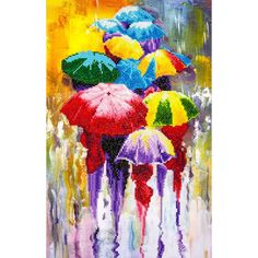 an oil painting of colorful umbrellas in the rain