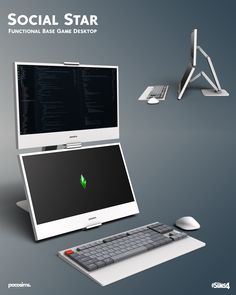 a laptop computer sitting on top of a desk next to a keyboard and mouse, with the caption social star functional base game desktop