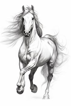 a white horse with long hair is galloping through the air on its hind legs