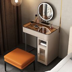 a vanity with a mirror and stool in a room