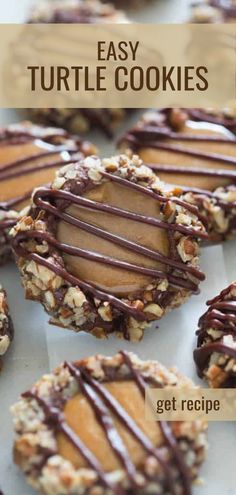 Close-up of Turtle Cookies featuring caramel, pecans, and chocolate, perfect for gifts and cookie exchanges. Turtle Cookies Recipe, Kraft Caramel Bits, Turtle Cookies, Catering Food, Food Trays, Chick Fil A, Fun Cookies, Best Dessert Recipes, Cookies Recipes Christmas