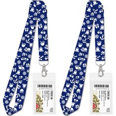 two lanyards with blue and white designs on them, one has an id card attached to the lanyard