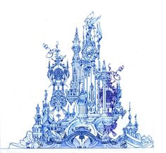 a blue and white drawing of a castle with lots of clocks on it's sides