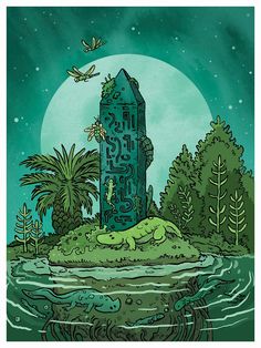 an illustration of a green tower with plants and trees around it, in front of a full moon