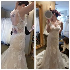 two pictures of a woman in a wedding dress brushing her hair