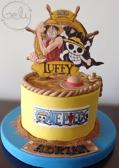 a one piece cake is decorated with an image of luffy the pirate and jack sparrow